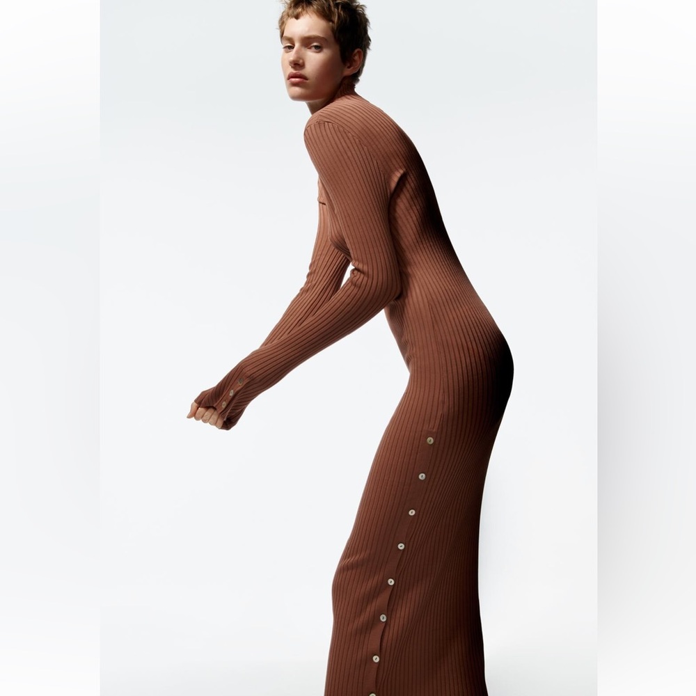 Zara Brown Ribbed Knit Dress with Button Detail Sz M